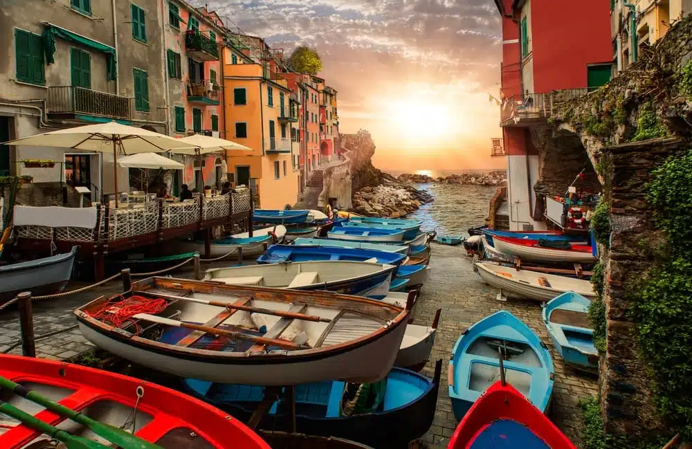 Boats In Cinque Terre At Sunset