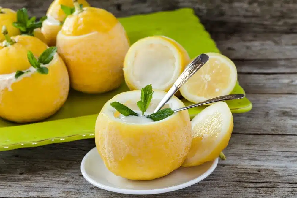 Lemon Sorbet Presented In Lemon